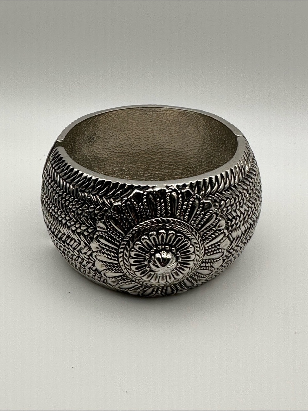 Ornate Silver-Tone Floral Cuff Bracelet